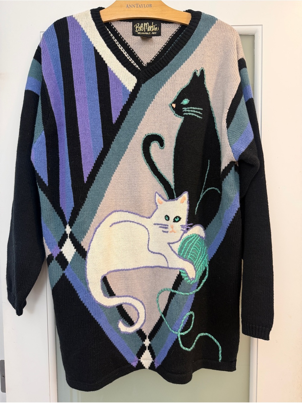 Vintage Bob Mackie Wearable Art Large Graphic Cat Lady Sweater